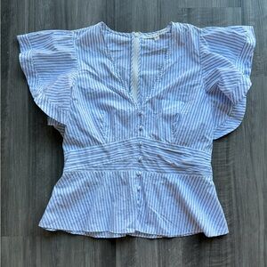 Veronica Beard Han Ruffle Sleeve Top Striped Cotton Size 12 Feminine Cottagecore